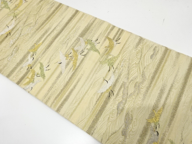 アンティーク　荒波に群鶴模様織り出し丸帯（材料）